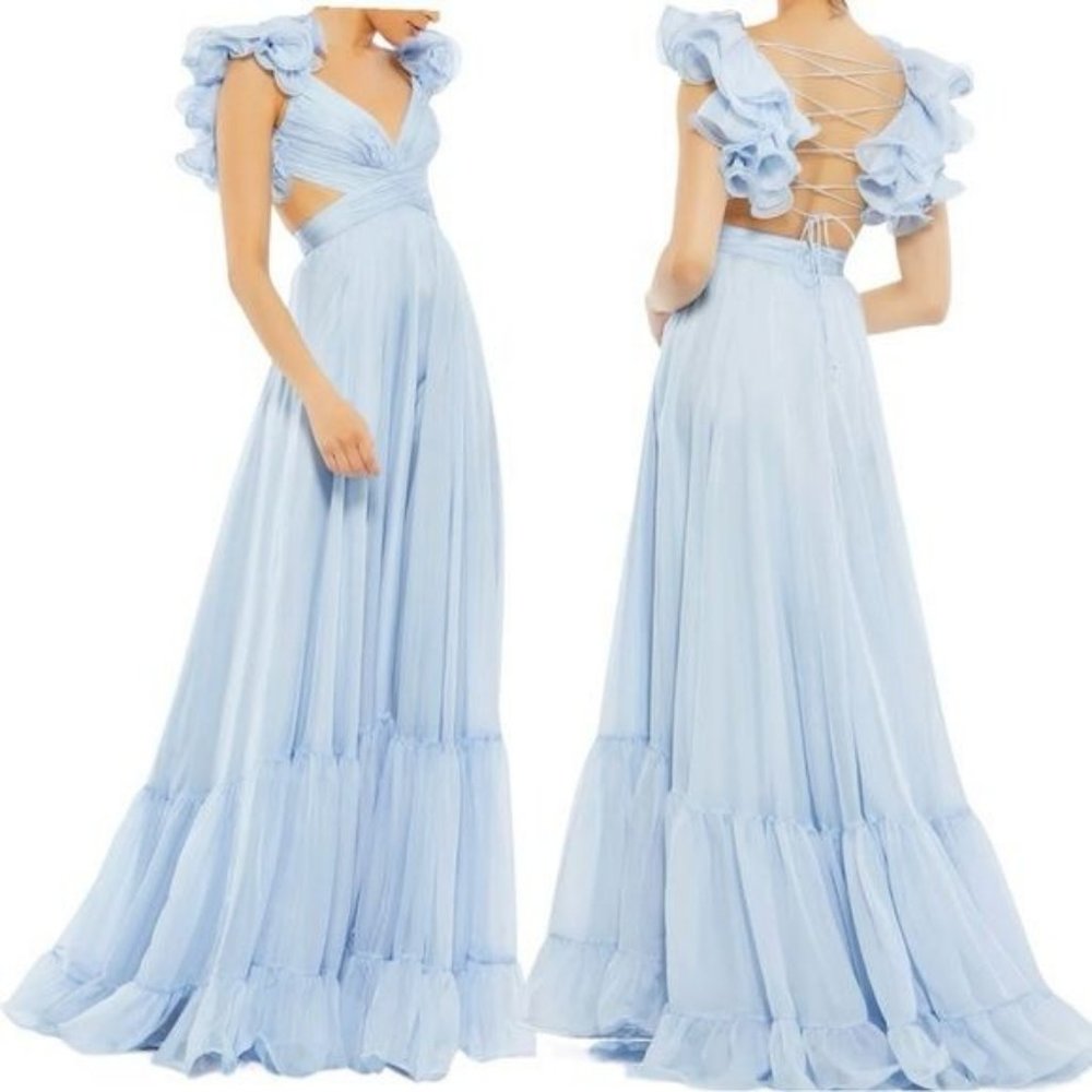 MAC DUGGAL Gown Dress 67911 Powder Blue Ruffle Tiered Chiffon Cutout Size 2